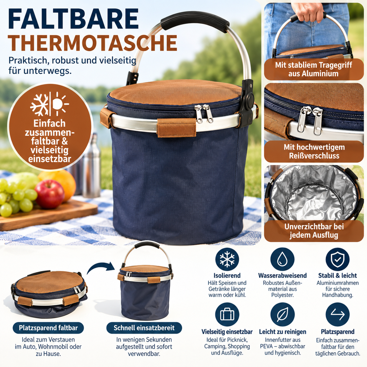 Faltbare Thermotasche mit Aluminium-Tragegriff – Praktisch, platzsparend & vielseitig