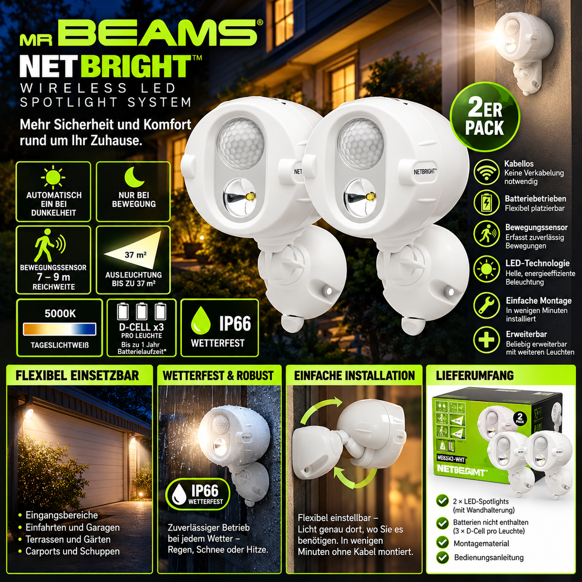 MR BEAMS NETBRIGHT LED Bewegungsmelder-Strahler – 2er-Set | Kabellos | IP66 | 200 Lumen | Batteriebetrieben | Weiß