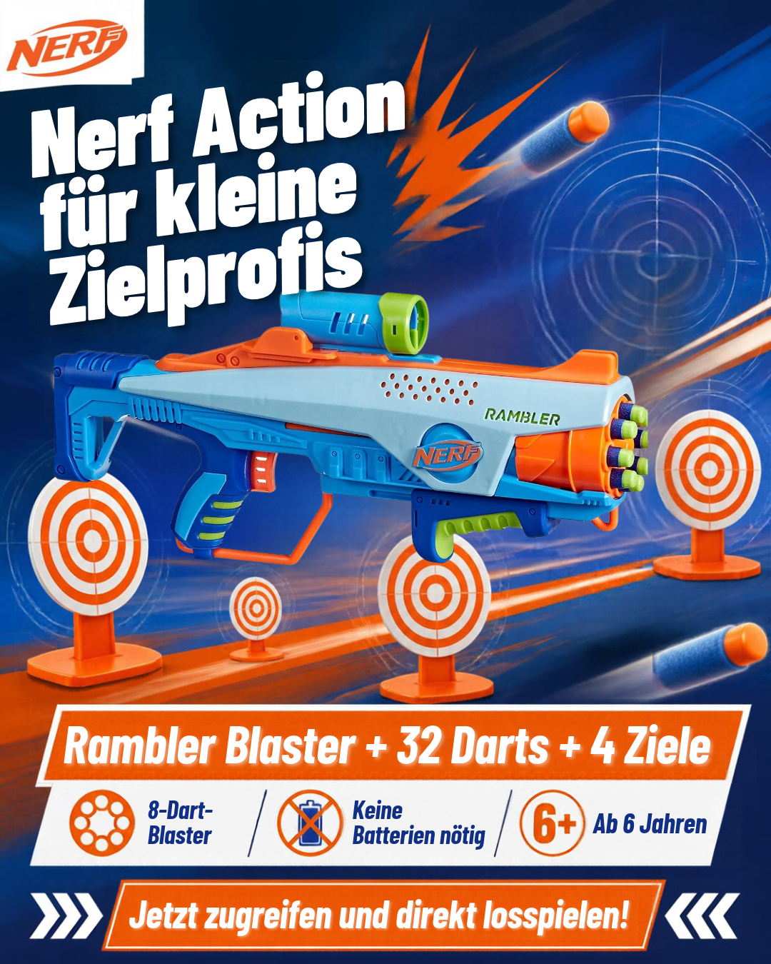 Nerf Elite Junior Rookie Pack Rambler Easy-Play Blaster 32 Darts und 4 Ziele