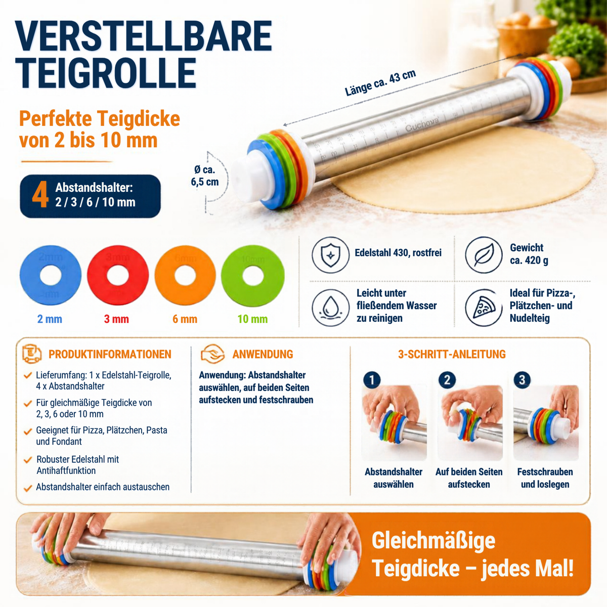 Verstellbare Teigrolle aus Edelstahl