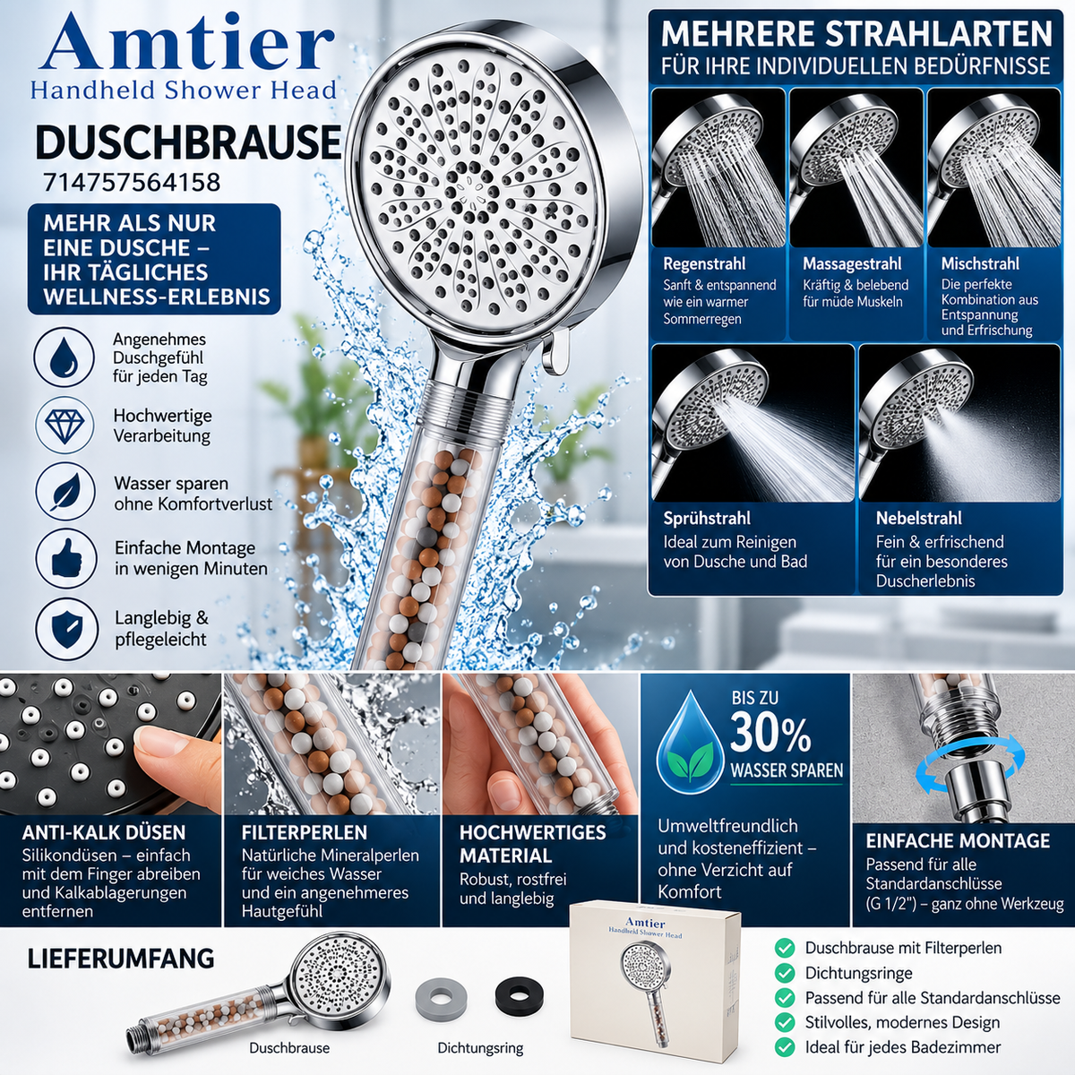 Amtier Duschbrause mit Filterperlen – Handbrause in Chromoptik