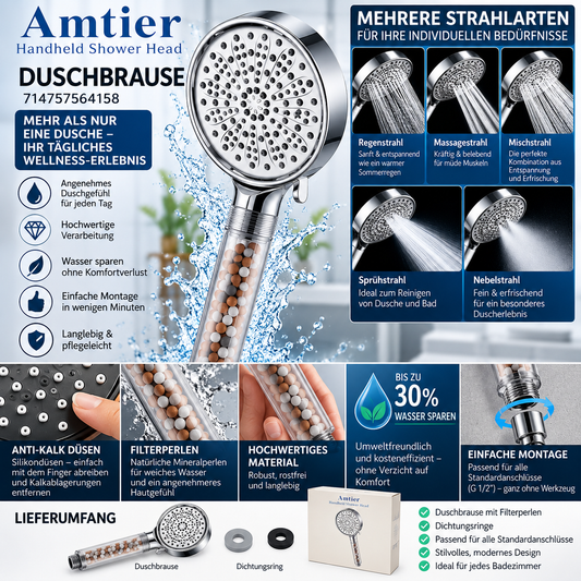 Amtier Duschbrause mit Filterperlen – Handbrause in Chromoptik