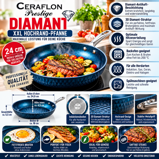 CERAFLON Prestige DIAMANT XXL Hochrand-Pfanne Ø 24 cm – Premium Antihaft-Pfanne mit 3D-Diamant-Struktur