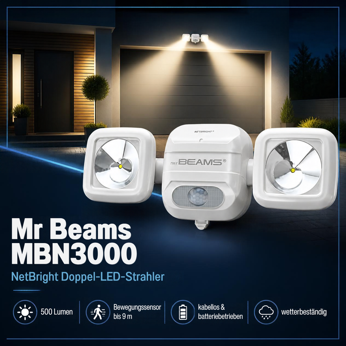 Mr. Beams Batterie-LED-Außenstrahler "MBN3000 NetBright" Weiß vernetzbar mit Bewegungsmelder