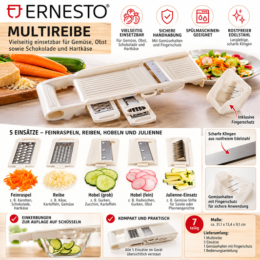 ERNESTO® Multireibe – 7-teilig mit 5 Schneideinsätzen und Fingerschutz
