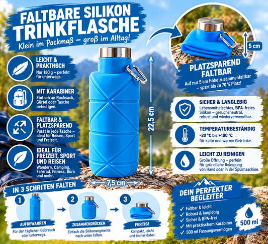 Faltbare Silikonflasche 500 ml mit Karabinerhaken in Blau