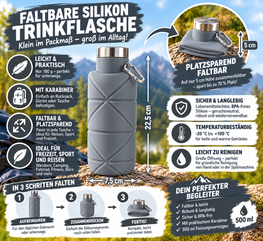 Faltbare Silikonflasche 500 ml mit Karabinerhaken in Grau