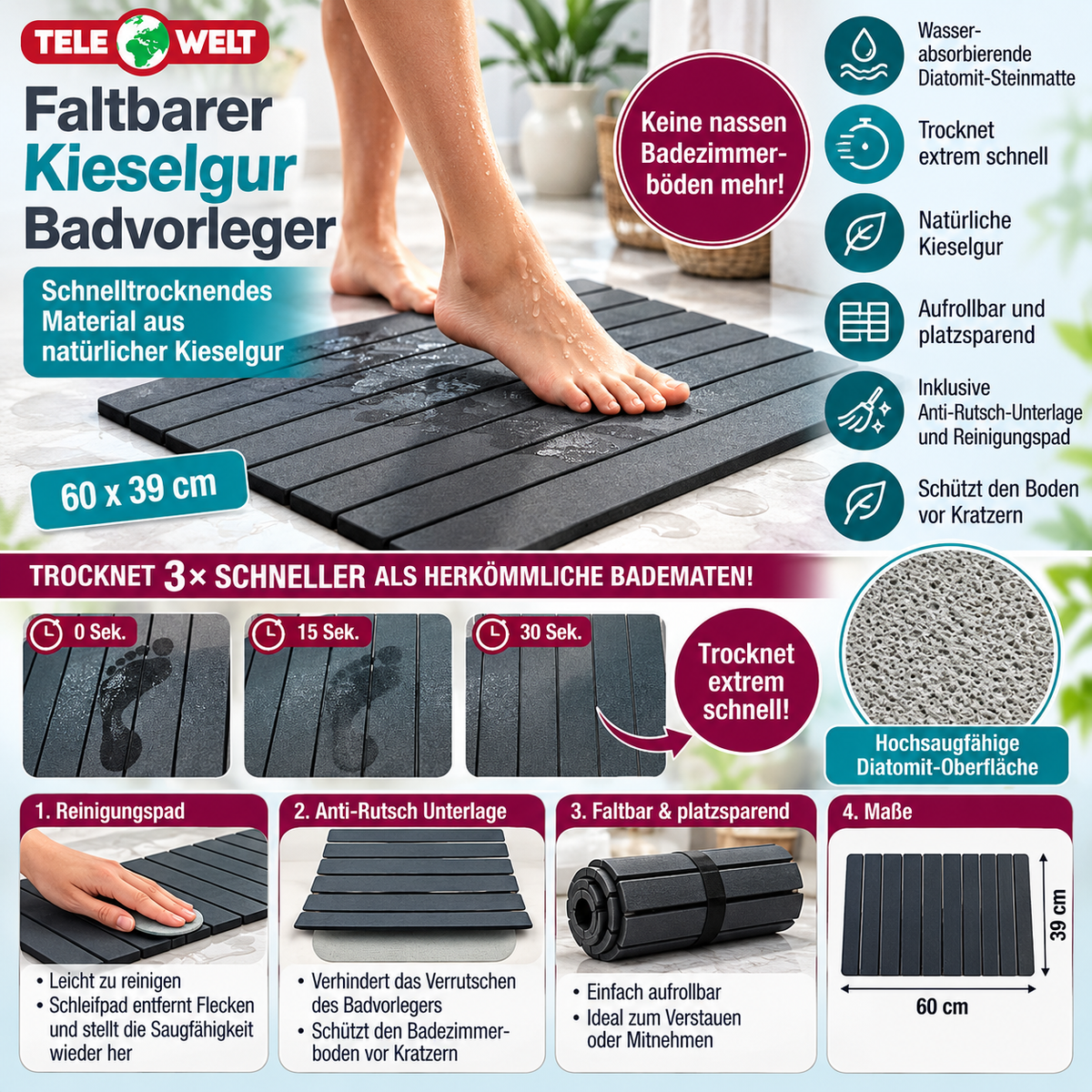 Faltbarer Kieselgur Badvorleger – 60 × 39 cm – Anthrazit