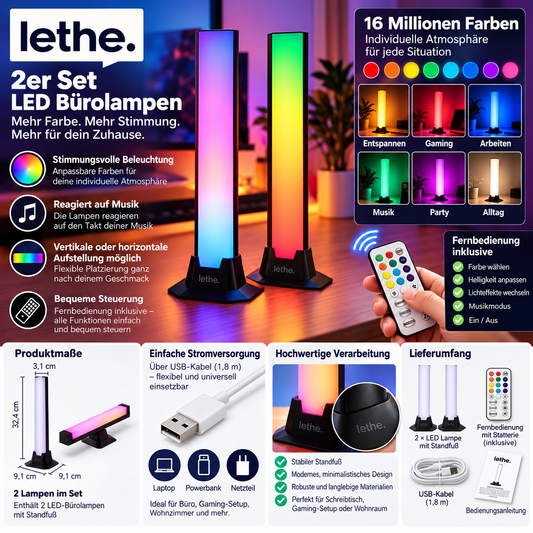 LED-Tischlampen im 2er-Set – RGB-Stimmungsbeleuchtung mit Musikmodus und Fernbedienung