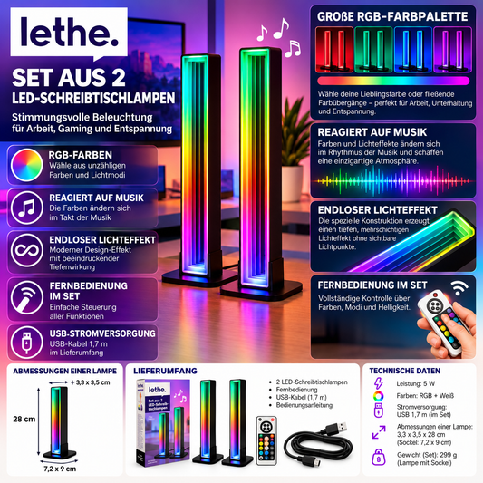 RGB LED-Schreibtischlampen – 2er-Set mit Musiksteuerung, Fernbedienung und Infinity-Lichteffekt