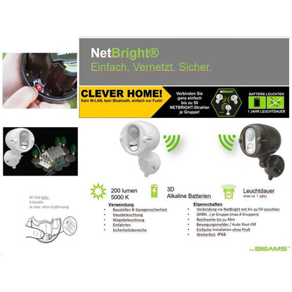 Mr. Beams Batterie-LED-Außenstrahler "MBN342 NetBright" Weiß vernetzbar mit Bewegungsmelder 2er Pack