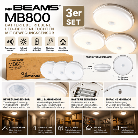 Mr Beams MB800 LED-Deckenleuchte mit Bewegungsmelder – 3er Set – Batteriebetrieben – Kabellos – Weiß