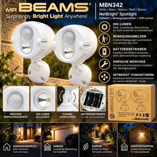 MR BEAMS MBN342 NetBright® LED-Strahler mit Bewegungsmelder – Weiß – 2er-Set – 200 Lumen