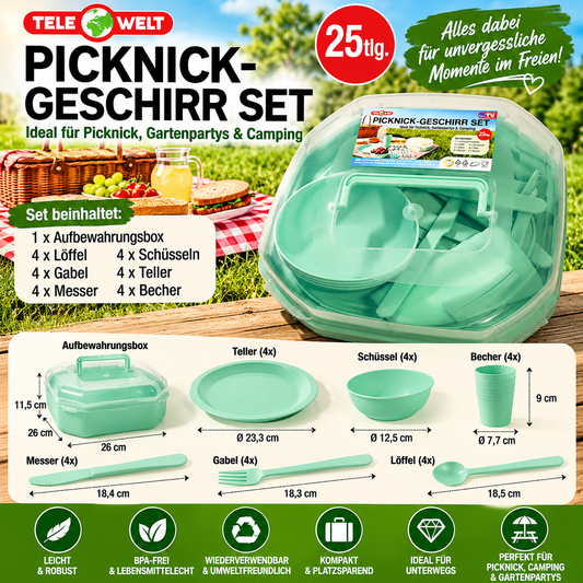 25-teiliges Picknick-Geschirr-Set in Mintgrün – Ideal für Camping, Garten & unterwegs