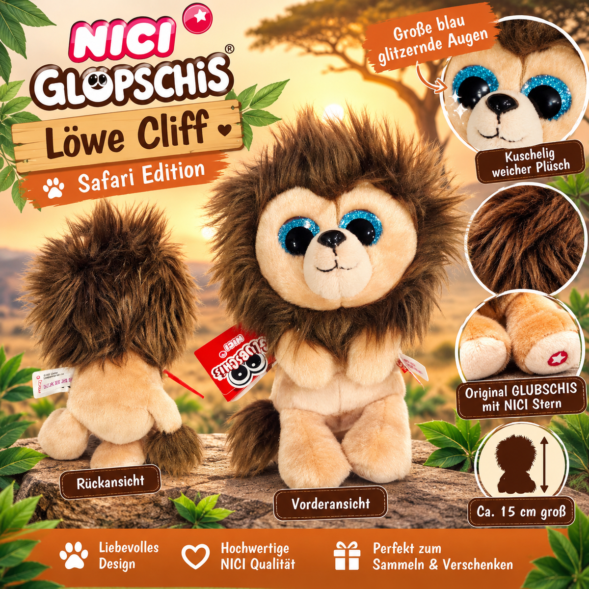 NICI GLUBSCHIS Löwe Cliff – Kuscheltier mit Glitzeraugen, ca. 15 cm