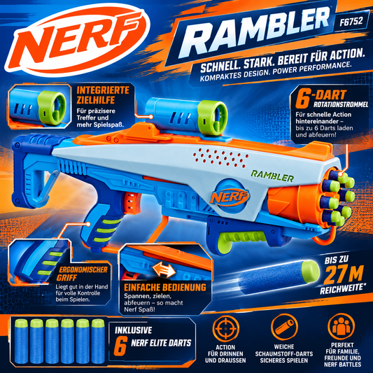 Nerf Elite Junior Rookie Pack Rambler Easy-Play Blaster 32 Darts und 4 Ziele