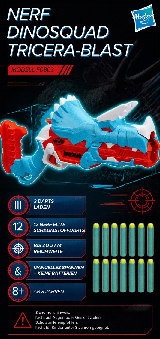 Nerf DinoSquad Tricera-Blast Dart-Blaster, aufklappbarer 3-Dart Lauf, 12 Nerf Darts