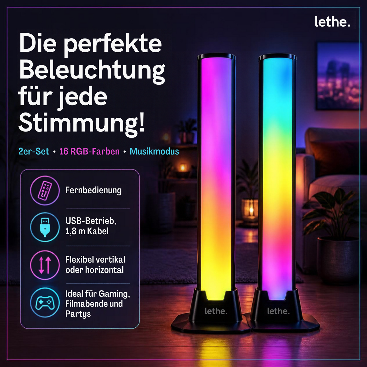 2er Set Lethe LED RGB Stehlampe mit Musiksteuerung, Gaming