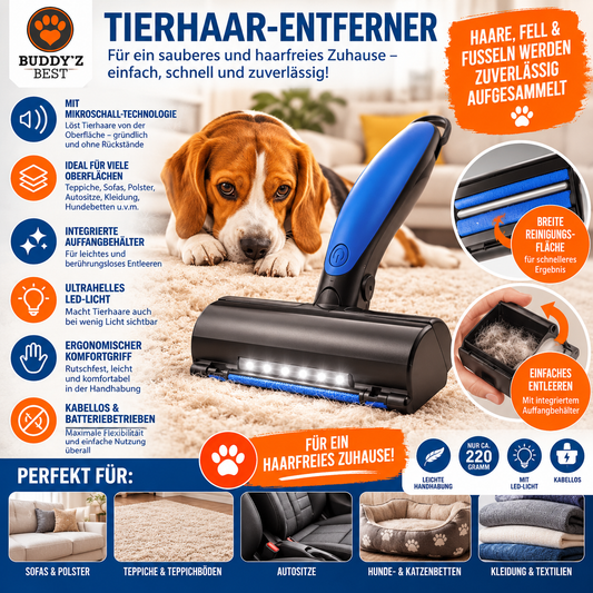 Buddy'z Best Tierhaar-Entferner – Elektrisch mit Mikroschall-Technologie, LED-Licht & Auffangbehälter