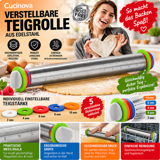 Cucinova Verstellbare Teigrolle aus Edelstahl – Für perfekte Backergebnisse